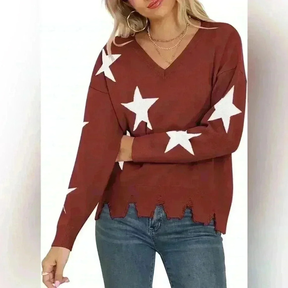 Viishow Sweaters - Stylish Star Pattern V-Neck Sweater - Soft, Warm, Distressed- Viishow- M